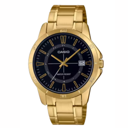 Casio General MTP-V004G-1CU Gold Stainless Steel Strap with Black Dial Analog Men Watch